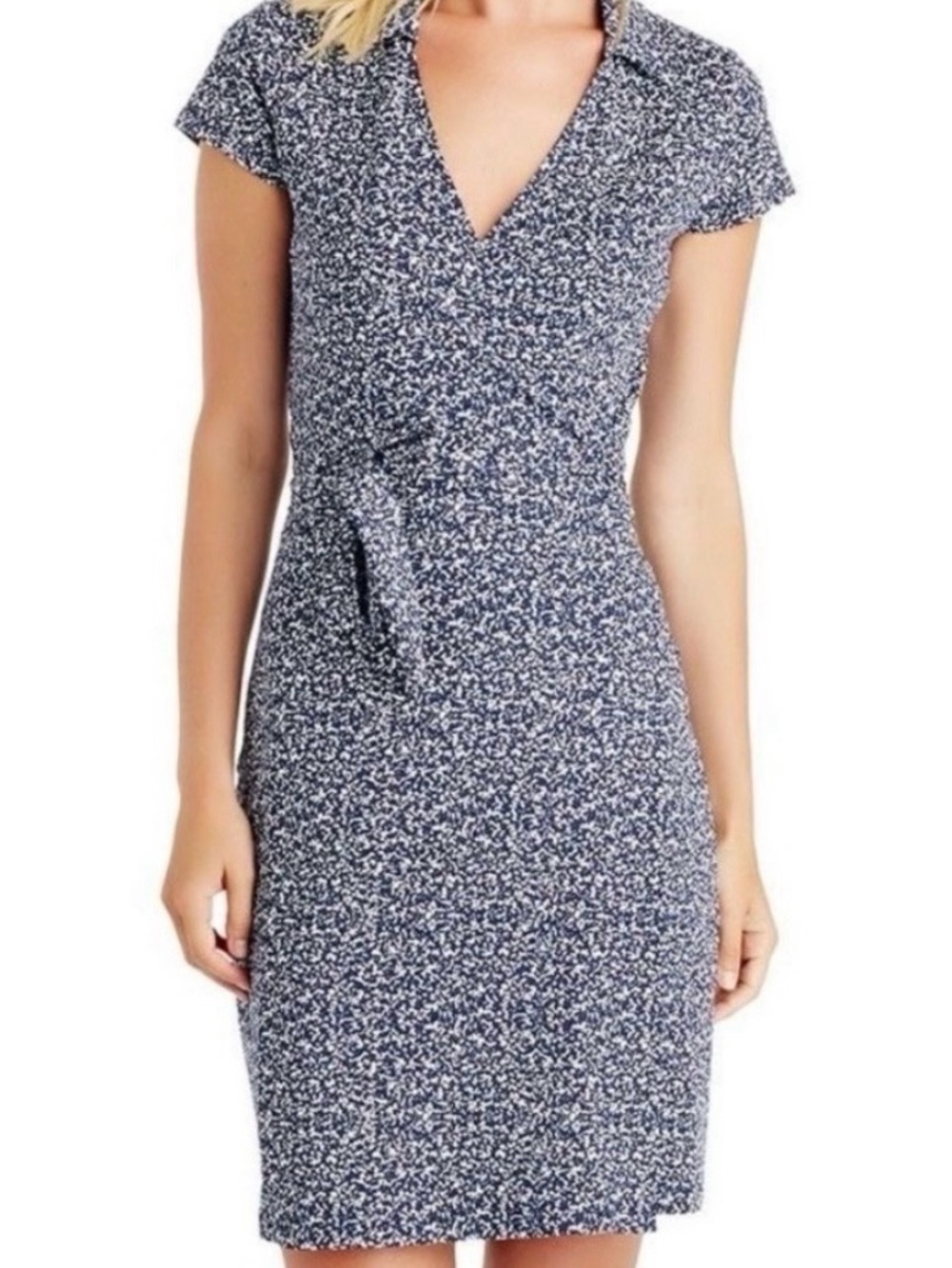 Navy Pebble Print Wrap Dress with Self-Tie Waist